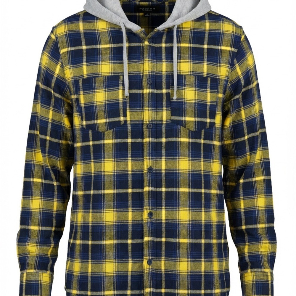 PacSun Gray Hooded Yellow and Blue Plaid Shirt